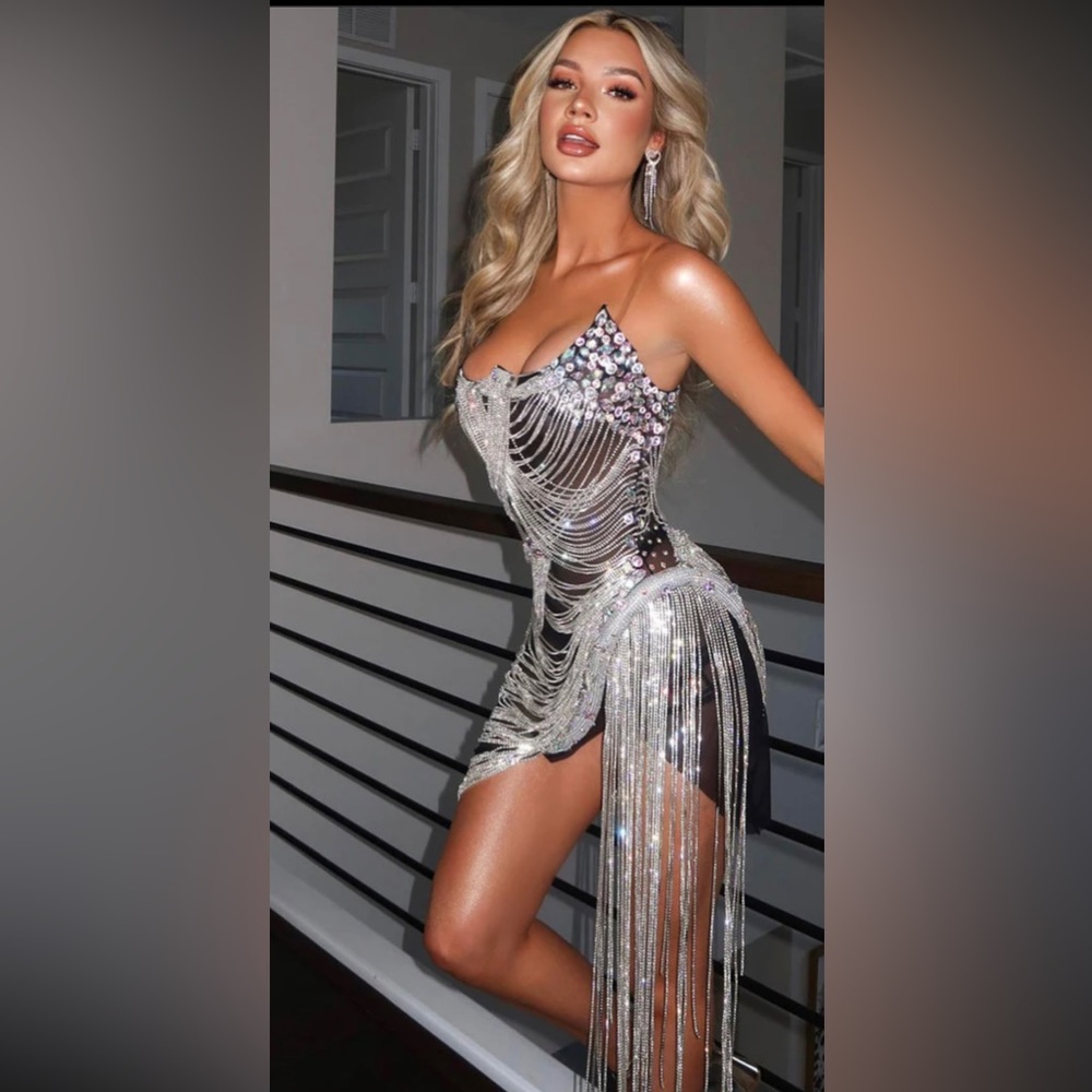 SEXY SWEETHEART SEMI SHEER MESH DRAPED RHINESTONE FRINGE MINI DRESS